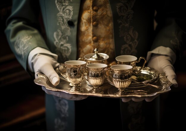 Foto eine nahaufnahme der hand eines butler mit handschuhen, der ein silbernes tablett mit einem perfekt angeordneten teeset hält