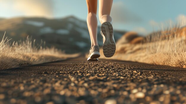 Eine Nahaufnahme der muskulösen Waden einer in Bewegung befindlichen Frau, die entlang einer malerischen Straße in Richtung eines Verschwundenspunkts rennt.