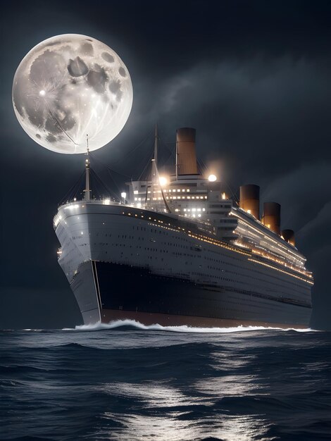 Eine Nahaufnahme der Queen Mary, beleuchtet durch eine vom Vollmond erzeugte KI