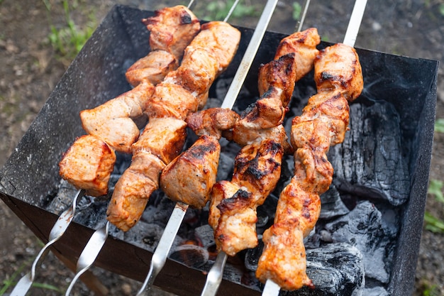 Eine Nahaufnahme der Schweinefleischpasteten in Sauce wird auf einem Grill gebraten.