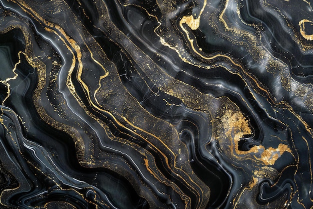 Eine Nahaufnahme der Textur des schwarzen und goldenen Marmorpapieres, die seine komplizierten Muster und Shimm zeigt
