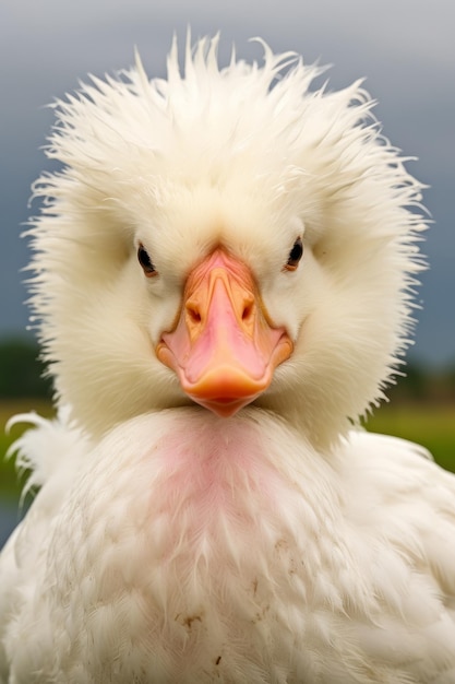 Eine Nahaufnahme der weißen Ente mit dem rosa Schnabel