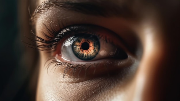 Eine Nahaufnahme des Auges einer Frau mit orangefarbener Iris.