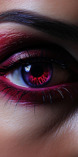 Eine Nahaufnahme des Auges einer Frau mit roten und schwarzen Farben.