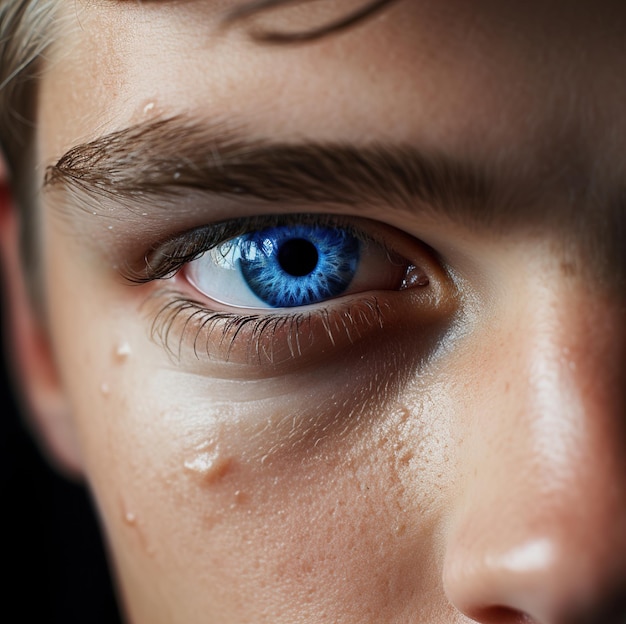 Foto eine nahaufnahme des blauen auges eines jungen und seine augen schauen nach oben.