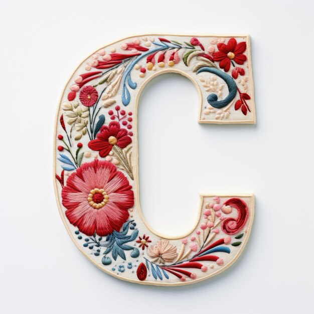 Eine Nahaufnahme des Buchstaben c mit Blumen darauf Stickerei-Effekt Blumen-Design