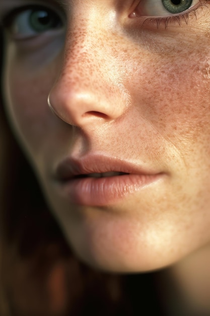 Eine Nahaufnahme des Gesichts einer Frau mit Sommersprossen und Nase