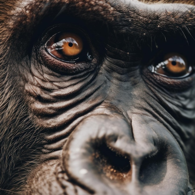 Eine Nahaufnahme des Gesichts eines Gorillas mit braunen Augen. Generatives KI-Bild