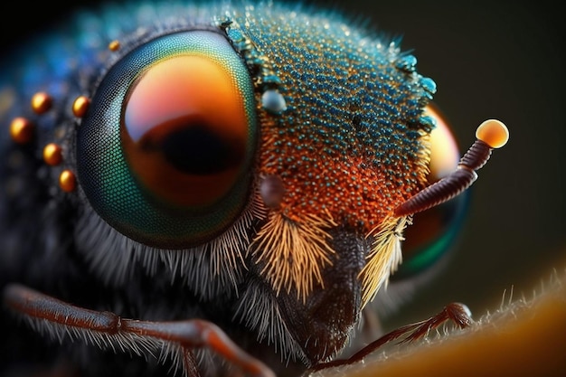 Eine Nahaufnahme des Gesichts eines Käfers mit einem roten und blauen Auge.