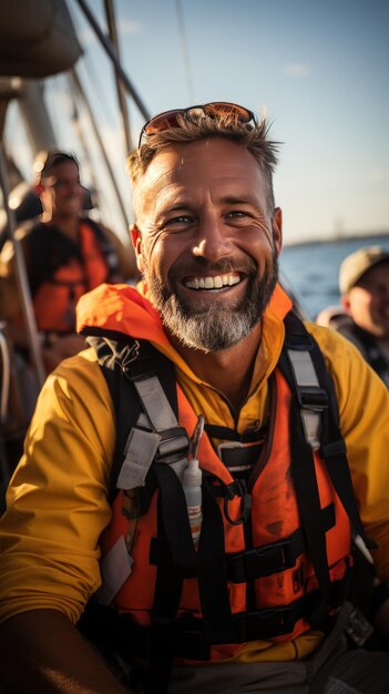 Eine Nahaufnahme des Gesichts eines Matrosen auf dem Segelboot, dessen Gesicht vor Freude strahlt, während er den sonnigen Tag genießt, der mit generativer KI ausgestattet ist