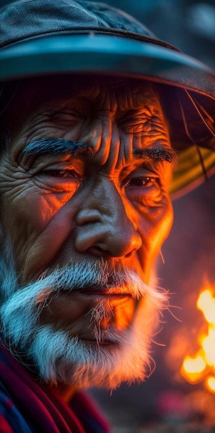 Foto eine nahaufnahme des gesichts eines vietnamesischen alten mannes, beleuchtet von