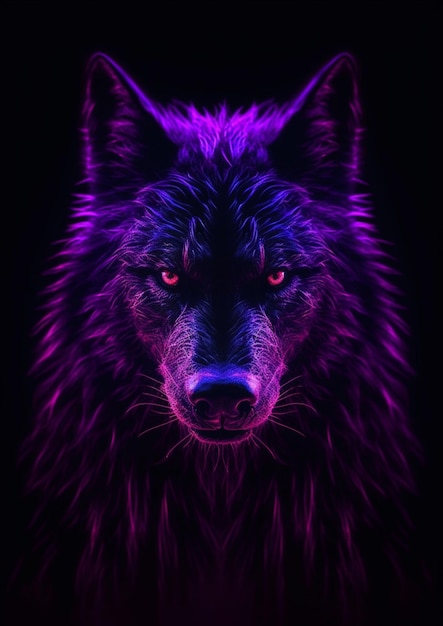 Eine Nahaufnahme des Gesichts eines Wolfes mit violetten Lichtern und generativer KI