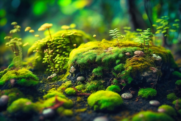 Eine Nahaufnahme des grünen Unterholzes des Waldes, das mit Moos bedeckt ist