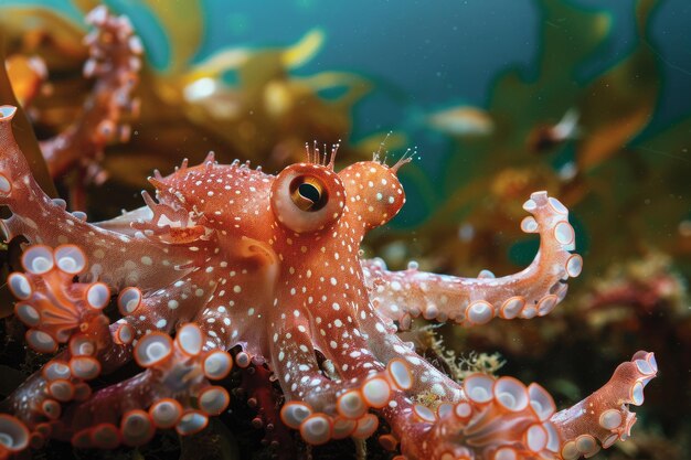Eine Nahaufnahme des Oktopus auf der Koralle