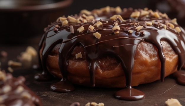 Eine Nahaufnahme des Schokoladenüberzugs auf dem Donut Generative AI
