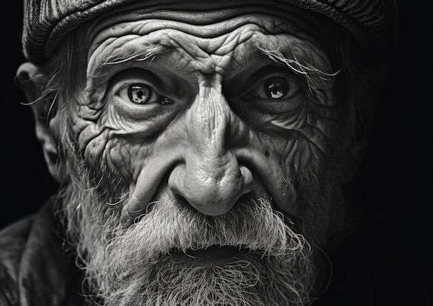 Eine Nahaufnahme des verwitterten Gesichts eines älteren Mannes in Schwarz-Weiß mit tiefen Falten