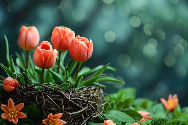 Foto eine nahaufnahme, die einen haufen orangefarbener tulpen zeigt, die in einem gewebten vogelnest angesiedelt sind