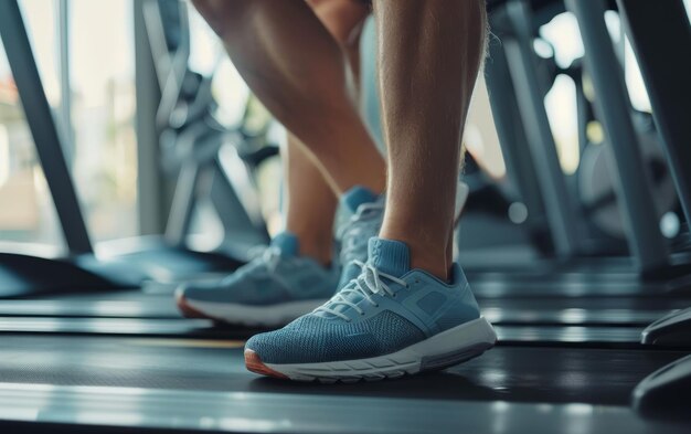 Eine Nahaufnahme dynamischer Füße in Bewegung auf einem Laufband, die den aktiven Bewegungs- und Leistungsaspekt des Laufens zeigt Die hellblauen Sneakers implizieren ein Gefühl für Stil und Funktionalität