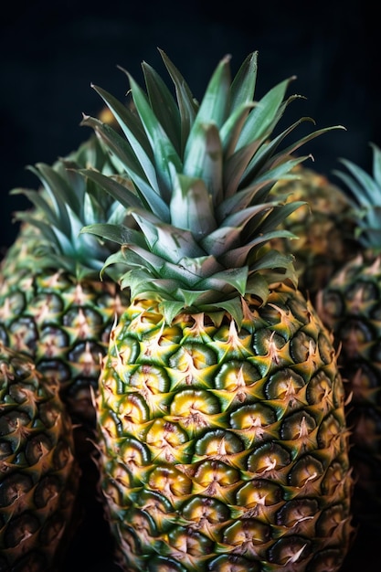 Eine Nahaufnahme einer Ananas mit der Oberseite in der Mitte und der Oberseite in der Mitte.