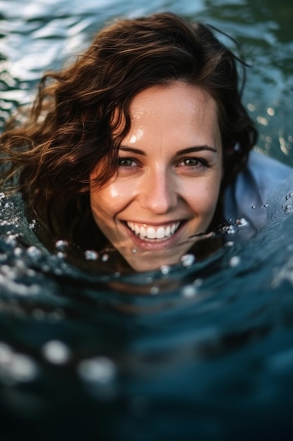 Eine Nahaufnahme einer attraktiven Frau lächelt, während sie das Wasser genießt