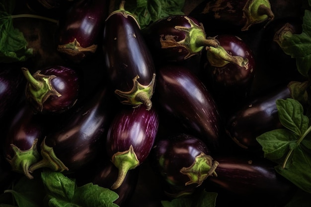 Eine Nahaufnahme einer Aubergine mit grünen Stielen