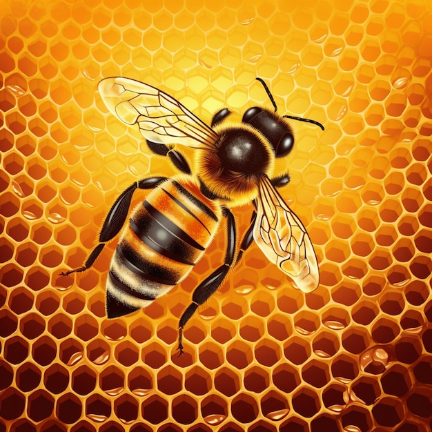 Eine Nahaufnahme einer Biene auf einer Wabe mit einer generativen Bienenwabe