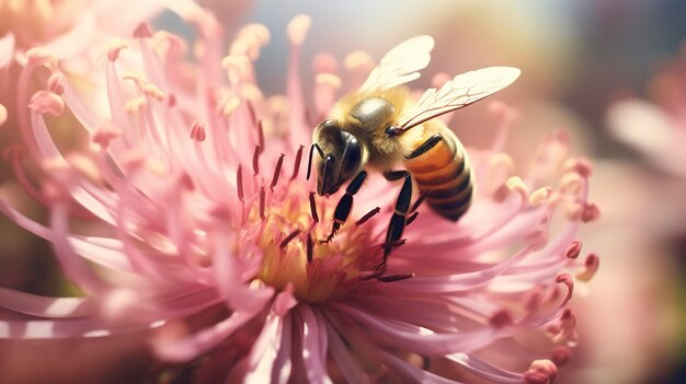 Eine Nahaufnahme einer Biene, die eine blühende Blume bestäubt