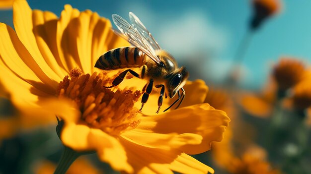 Eine Nahaufnahme einer Biene, die eine blühende Blume bestäubt