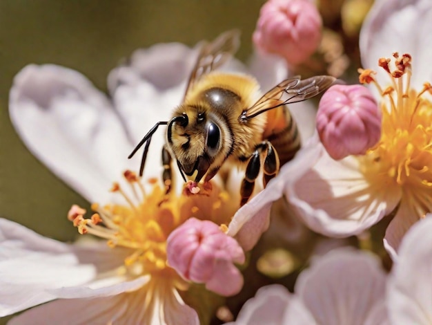 Eine Nahaufnahme einer Biene, die eine blühende Blume bestäubt