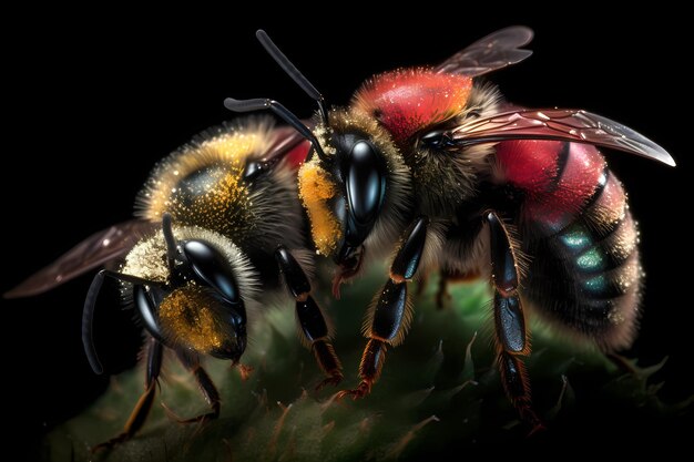 Eine Nahaufnahme einer Biene, die mit geschlossenen Augen und zur Seite gedrehtem Kopf auf einem Stück Obst sitzt