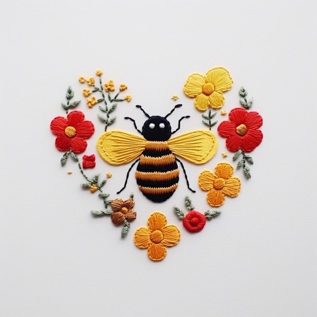 Eine Nahaufnahme einer Biene mit Blumen und einer generativen KI in Herzform