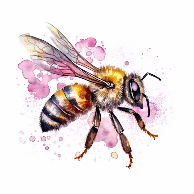 Eine Nahaufnahme einer Biene mit rosa Hintergrund und Aquarellflecken