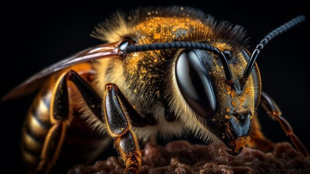 Eine Nahaufnahme einer Biene mit schwarzem Hintergrund