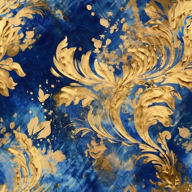 Eine Nahaufnahme einer blau-goldenen Tapete mit einem Goldblatt-Design