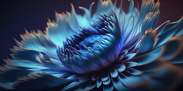 Eine Nahaufnahme einer blauen Blume auf einem schwarzen Hintergrund generative KI