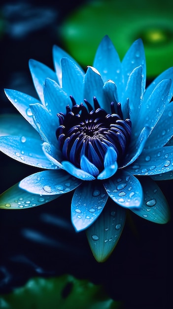 Eine Nahaufnahme einer blauen Blume mit Wassertropfen darauf generative KI