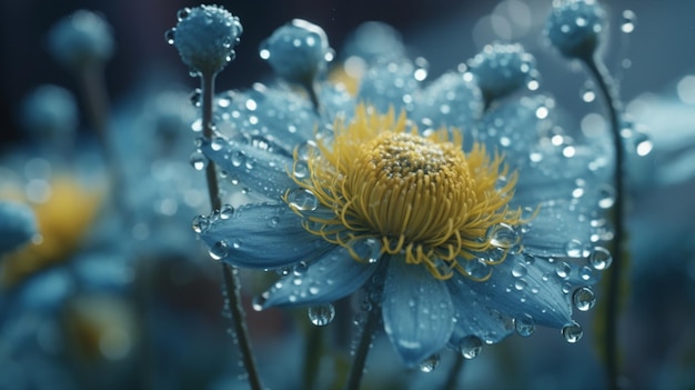 Eine Nahaufnahme einer blauen Blume mit Wassertropfen darauf