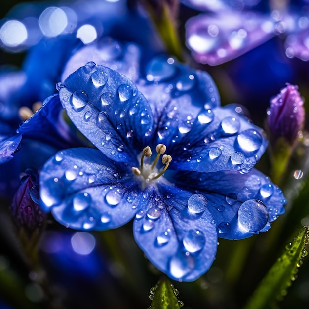 Eine Nahaufnahme einer blauen Blume mit Wassertropfen generativ ai