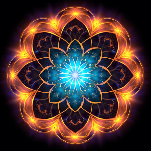 Eine Nahaufnahme einer Blume mit blauer Mitte, umgeben von gelben und orangefarbenen Flammen, die eine generative Luft erzeugen
