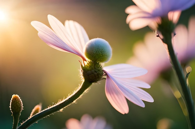 Eine Nahaufnahme einer Blume mit einer grünen Knospe, auf der das Wort Gänseblümchen steht.