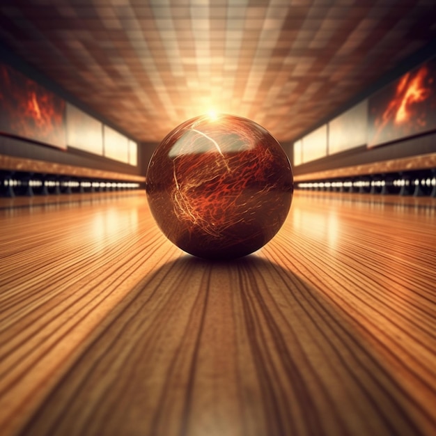 Eine Nahaufnahme einer Bowlingkugel auf einem Holzboden. Generative KI