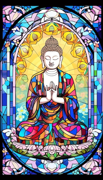 Eine Nahaufnahme einer Buddha-Statue in einem Buntglasfenster, generative KI