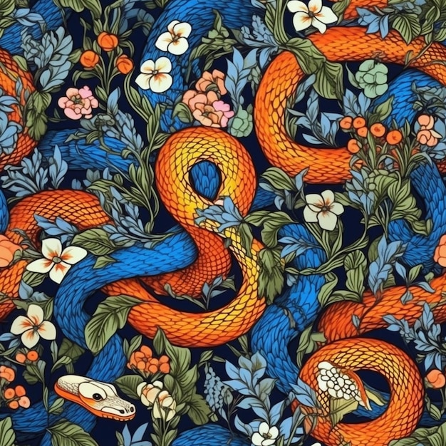 Eine Nahaufnahme einer bunten Schlange und Blumen auf blauem Hintergrund, generative KI