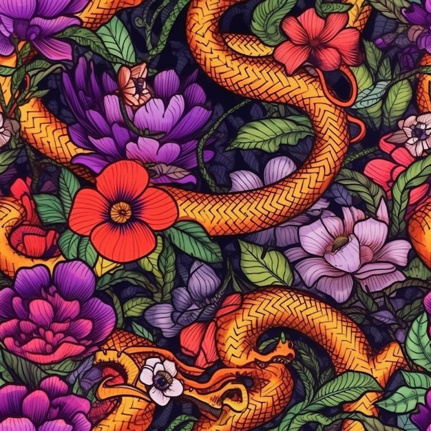 Eine Nahaufnahme einer bunten Schlange und Blumen auf schwarzem Hintergrund, generative KI