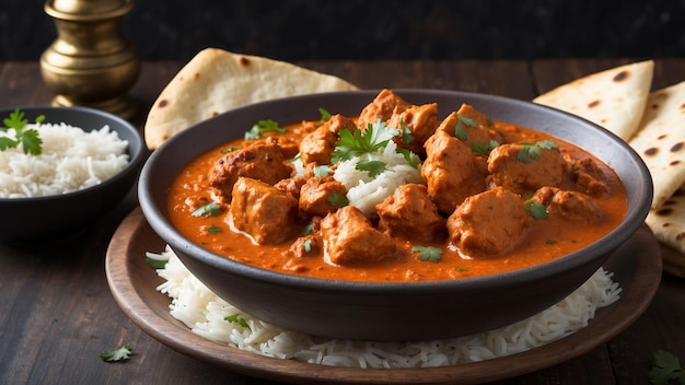 Eine Nahaufnahme einer dampfenden Schüssel, die mit Hühner-Tikka-Masala gefüllt ist, die mit einer Parfümerie serviert wird