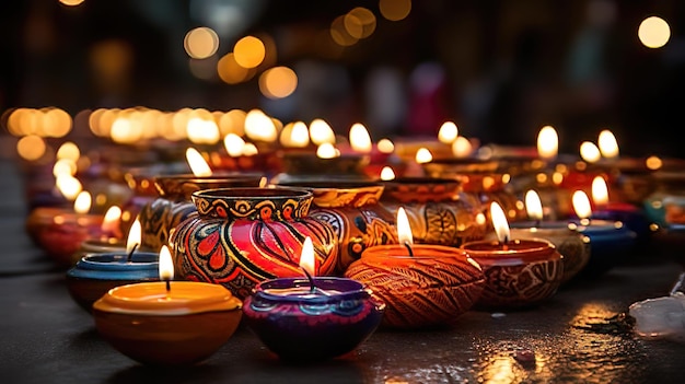 Foto eine nahaufnahme einer diya-lampe, die während diwali in der dunkelheit hell leuchtet