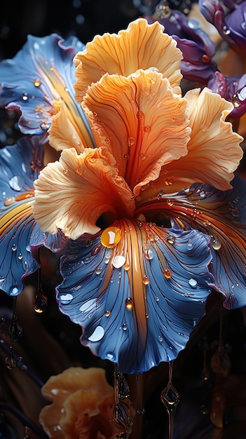 Eine Nahaufnahme einer einzelnen Irisblume, deren Blütenblätter in abstrakten Linien, Texturen und Flecken dargestellt sind, erstellt mit generativer KI