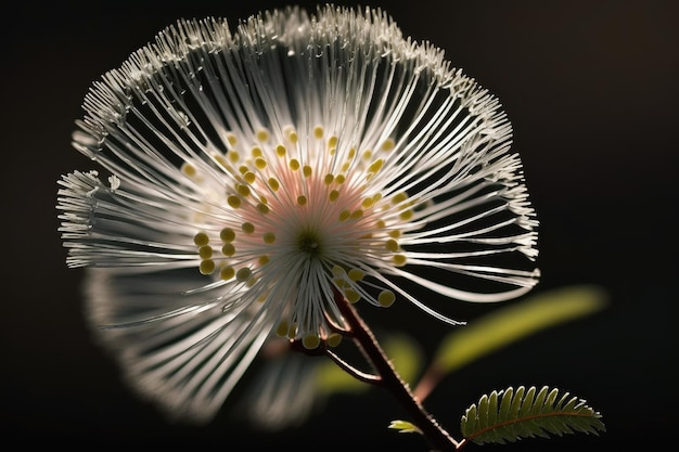 Eine Nahaufnahme einer einzelnen Mimosenblüte mit ihren zarten und gefiederten Blütenblättern, die mit generativem a erstellt wurden