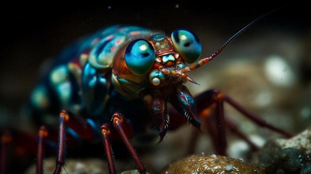 Eine Nahaufnahme einer farbenfrohen Pfauenmantisgarnele unter Wasser