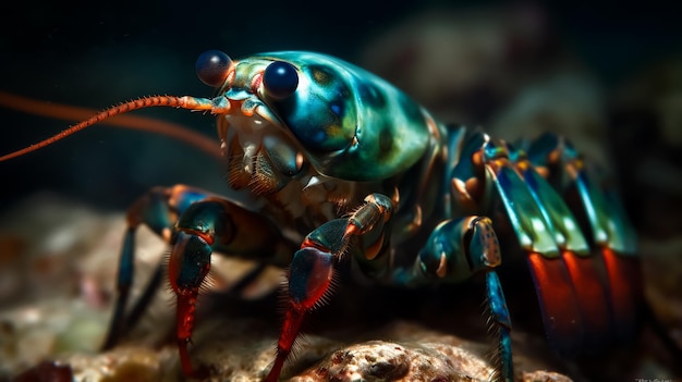 Eine Nahaufnahme einer farbenfrohen Pfauenmantisgarnele unter Wasser